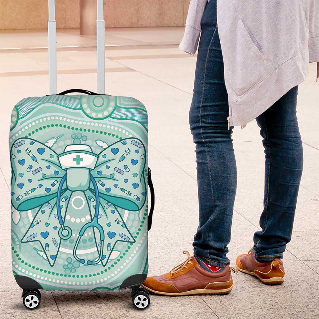 Aussie Nurse Luggage Cover Turquoise Stethoscope Coquette Bow Aboriginal Dot Art