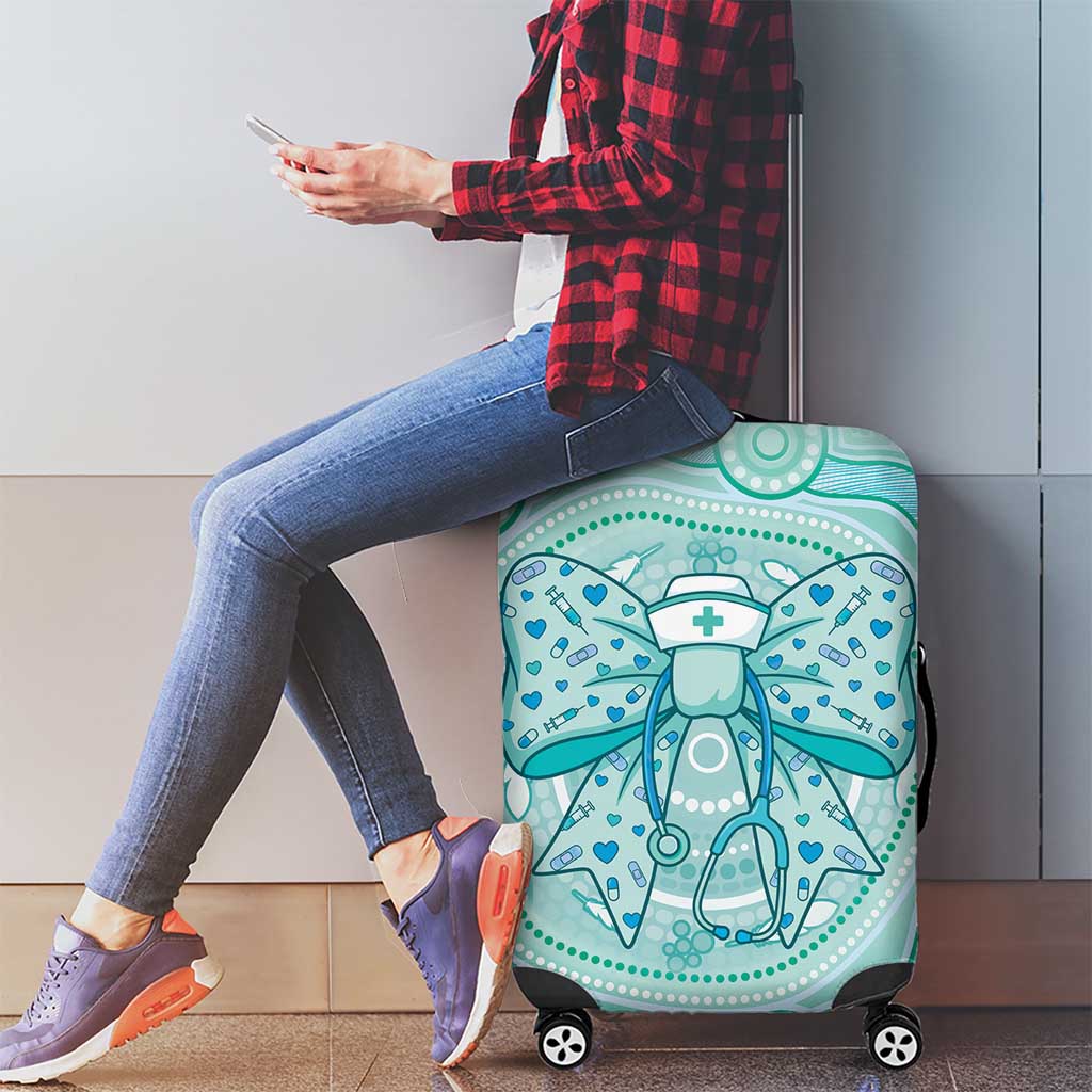Aussie Nurse Luggage Cover Turquoise Stethoscope Coquette Bow Aboriginal Dot Art