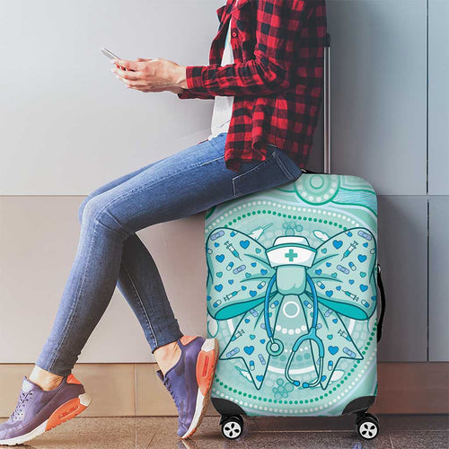 Aussie Nurse Luggage Cover Turquoise Stethoscope Coquette Bow Aboriginal Dot Art