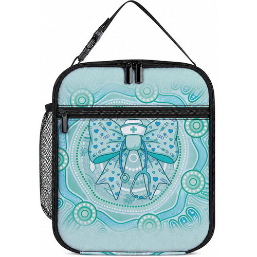 Aussie Nurse Lunch Bag Turquoise Stethoscope Coquette Bow Aboriginal Dot Art