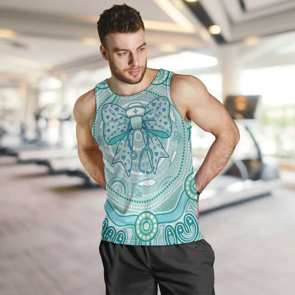 Aussie Nurse Personalised Men Tank Top Turquoise Stethoscope Coquette Bow Aboriginal Dot Art