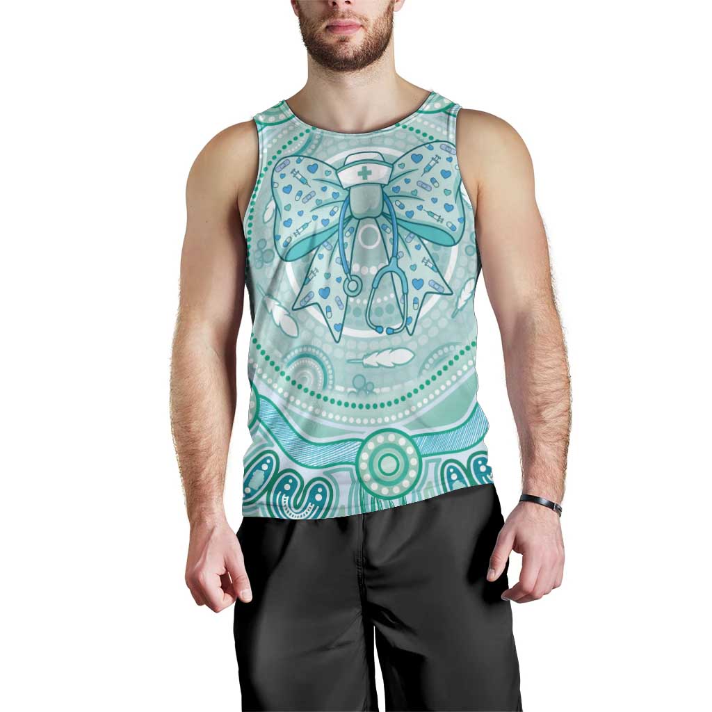 Aussie Nurse Personalised Men Tank Top Turquoise Stethoscope Coquette Bow Aboriginal Dot Art