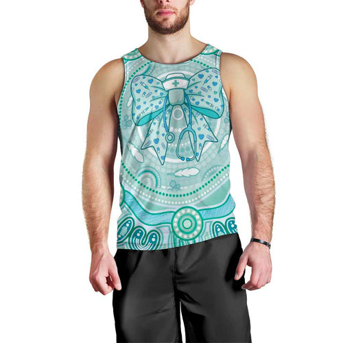 Aussie Nurse Personalised Men Tank Top Turquoise Stethoscope Coquette Bow Aboriginal Dot Art
