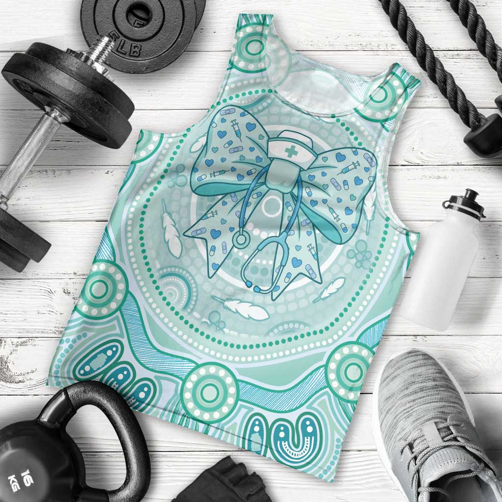 Aussie Nurse Personalised Men Tank Top Turquoise Stethoscope Coquette Bow Aboriginal Dot Art