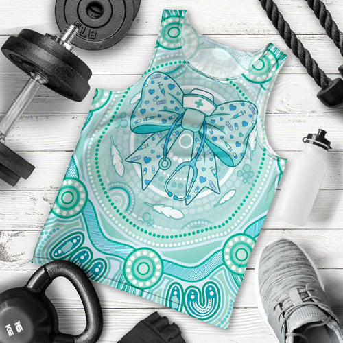 Aussie Nurse Personalised Men Tank Top Turquoise Stethoscope Coquette Bow Aboriginal Dot Art