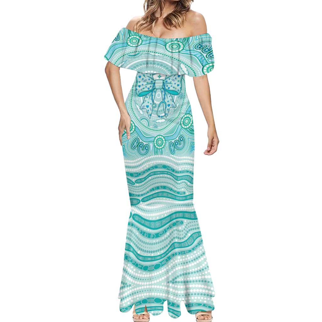 Aussie Nurse Personalised Mermaid Dress Turquoise Stethoscope Coquette Bow Aboriginal Dot Art