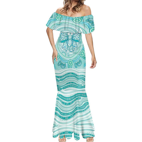 Aussie Nurse Personalised Mermaid Dress Turquoise Stethoscope Coquette Bow Aboriginal Dot Art