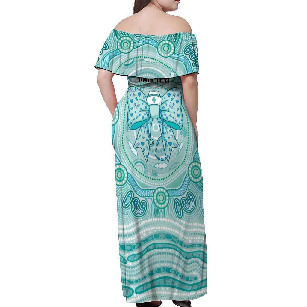 Aussie Nurse Personalised Off Shoulder Maxi Dress Turquoise Stethoscope Coquette Bow Aboriginal Dot Art