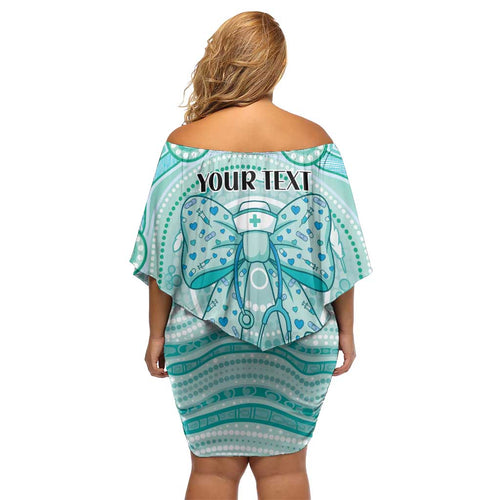 Aussie Nurse Personalised Off Shoulder Short Dress Turquoise Stethoscope Coquette Bow Aboriginal Dot Art