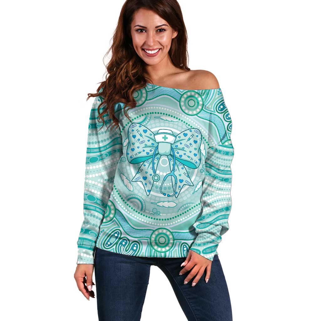 Aussie Nurse Personalised Off Shoulder Sweater Turquoise Stethoscope Coquette Bow Aboriginal Dot Art