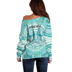 Aussie Nurse Personalised Off Shoulder Sweater Turquoise Stethoscope Coquette Bow Aboriginal Dot Art
