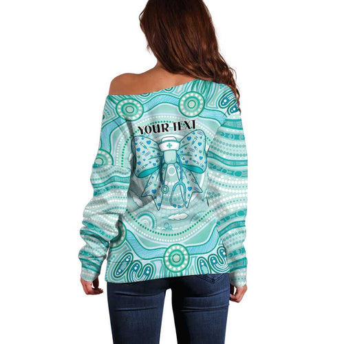 Aussie Nurse Personalised Off Shoulder Sweater Turquoise Stethoscope Coquette Bow Aboriginal Dot Art
