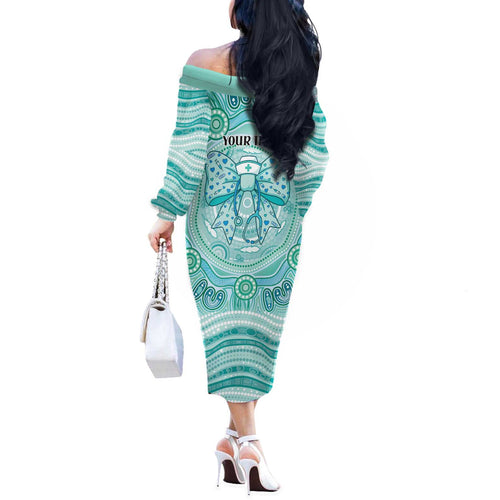 Aussie Nurse Personalised Off The Shoulder Long Sleeve Dress Turquoise Stethoscope Coquette Bow Aboriginal Dot Art