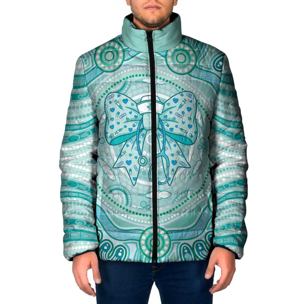 Aussie Nurse Personalised Padded Jacket Turquoise Stethoscope Coquette Bow Aboriginal Dot Art