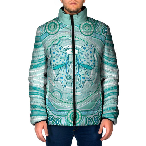 Aussie Nurse Personalised Padded Jacket Turquoise Stethoscope Coquette Bow Aboriginal Dot Art