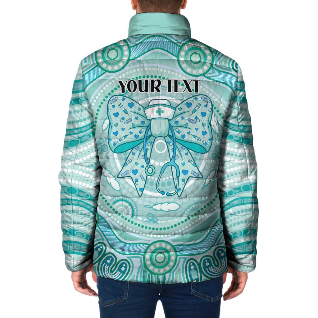Aussie Nurse Personalised Padded Jacket Turquoise Stethoscope Coquette Bow Aboriginal Dot Art