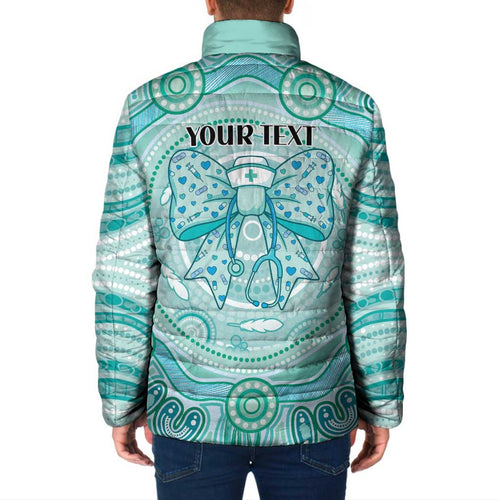 Aussie Nurse Personalised Padded Jacket Turquoise Stethoscope Coquette Bow Aboriginal Dot Art