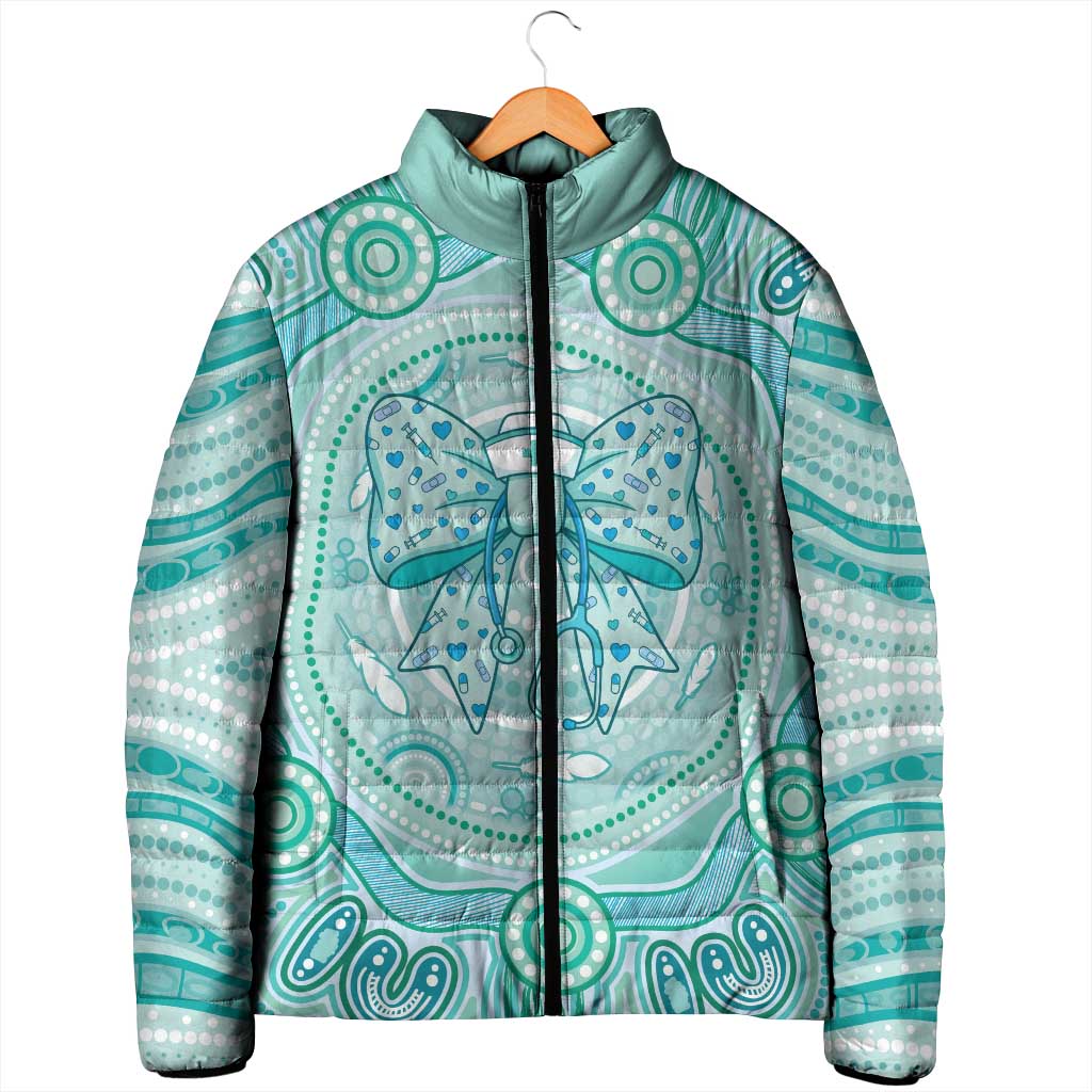 Aussie Nurse Personalised Padded Jacket Turquoise Stethoscope Coquette Bow Aboriginal Dot Art