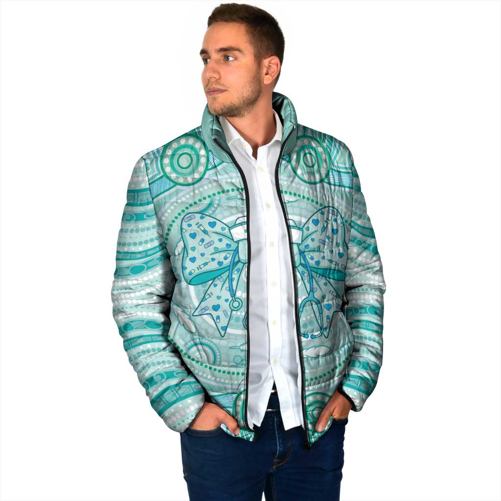 Aussie Nurse Personalised Padded Jacket Turquoise Stethoscope Coquette Bow Aboriginal Dot Art