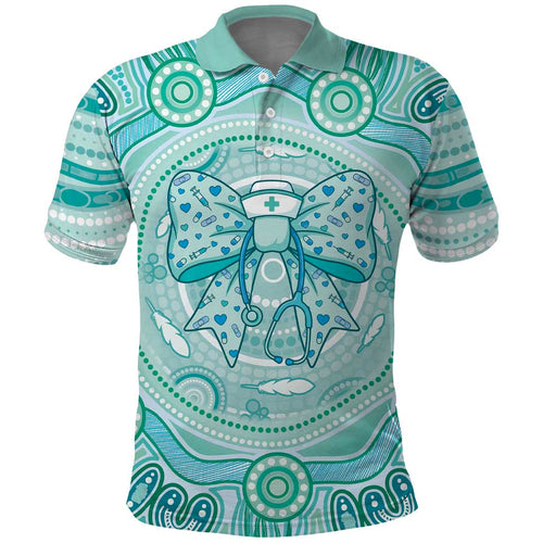 Aussie Nurse Personalised Polo Shirt Turquoise Stethoscope Coquette Bow Aboriginal Dot Art