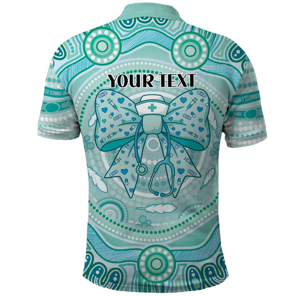 Aussie Nurse Personalised Polo Shirt Turquoise Stethoscope Coquette Bow Aboriginal Dot Art