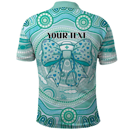 Aussie Nurse Personalised Polo Shirt Turquoise Stethoscope Coquette Bow Aboriginal Dot Art