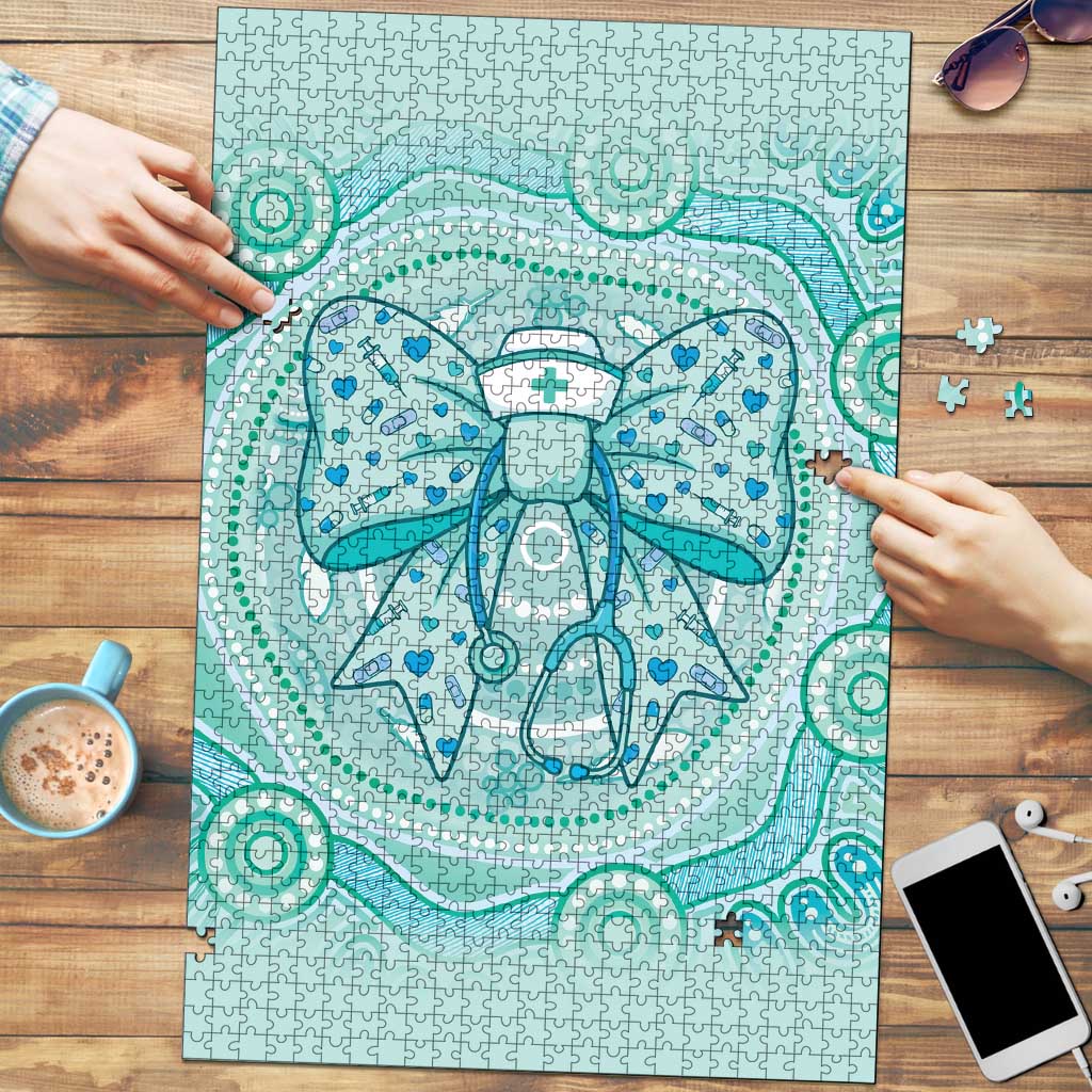 Aussie Nurse Puzzle Turquoise Stethoscope Coquette Bow Aboriginal Dot Art