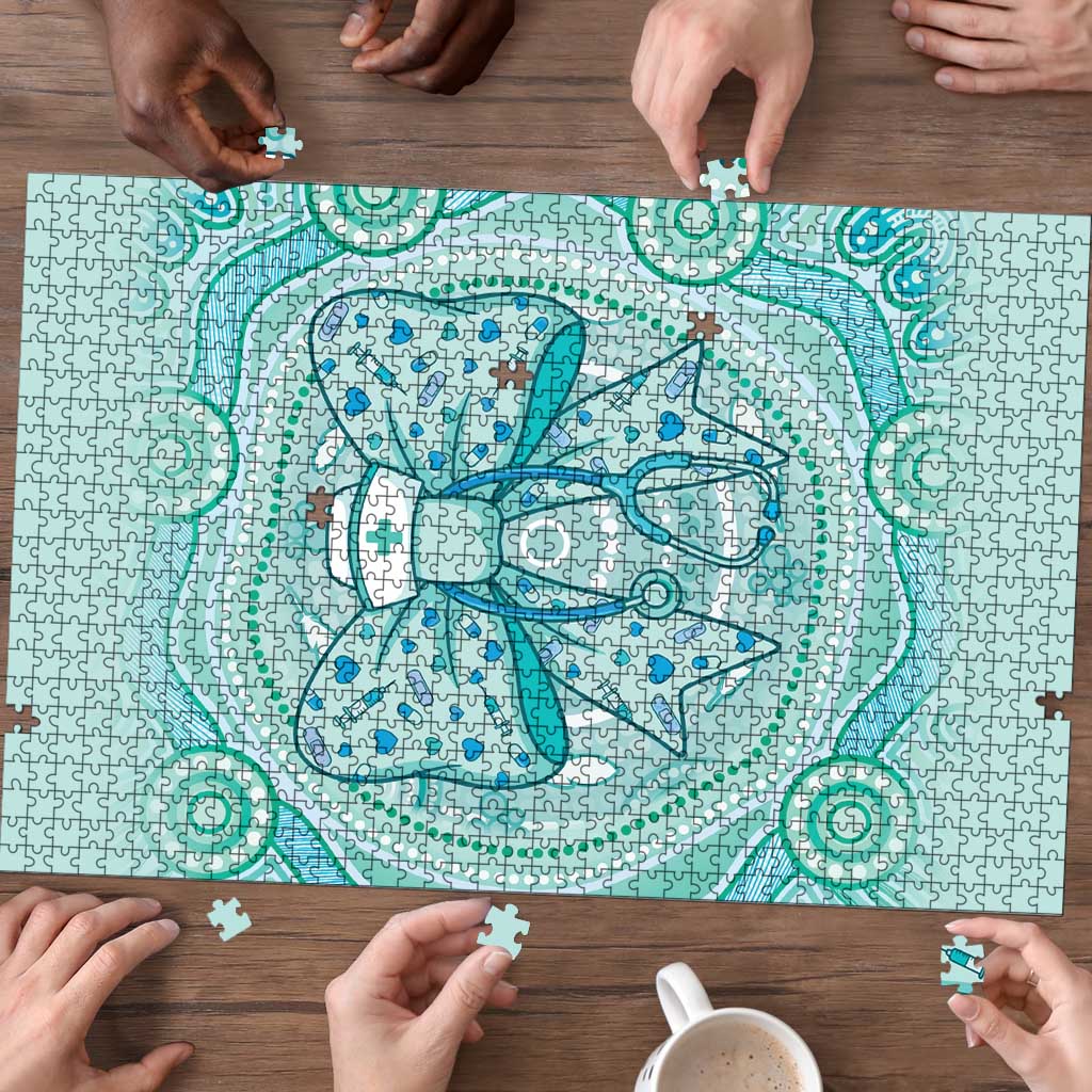 Aussie Nurse Puzzle Turquoise Stethoscope Coquette Bow Aboriginal Dot Art