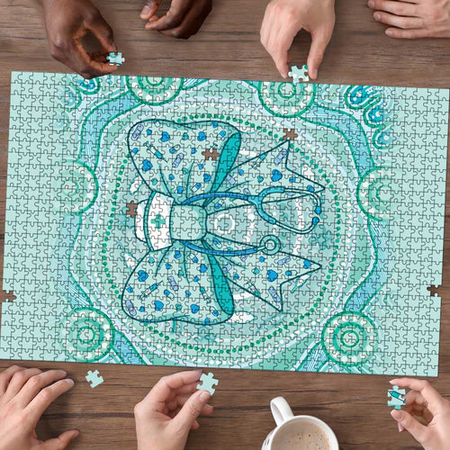 Aussie Nurse Puzzle Turquoise Stethoscope Coquette Bow Aboriginal Dot Art