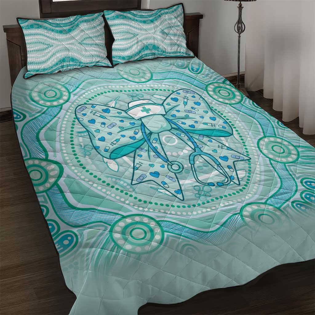 Aussie Nurse Quilt Bed Set Turquoise Stethoscope Coquette Bow Aboriginal Dot Art