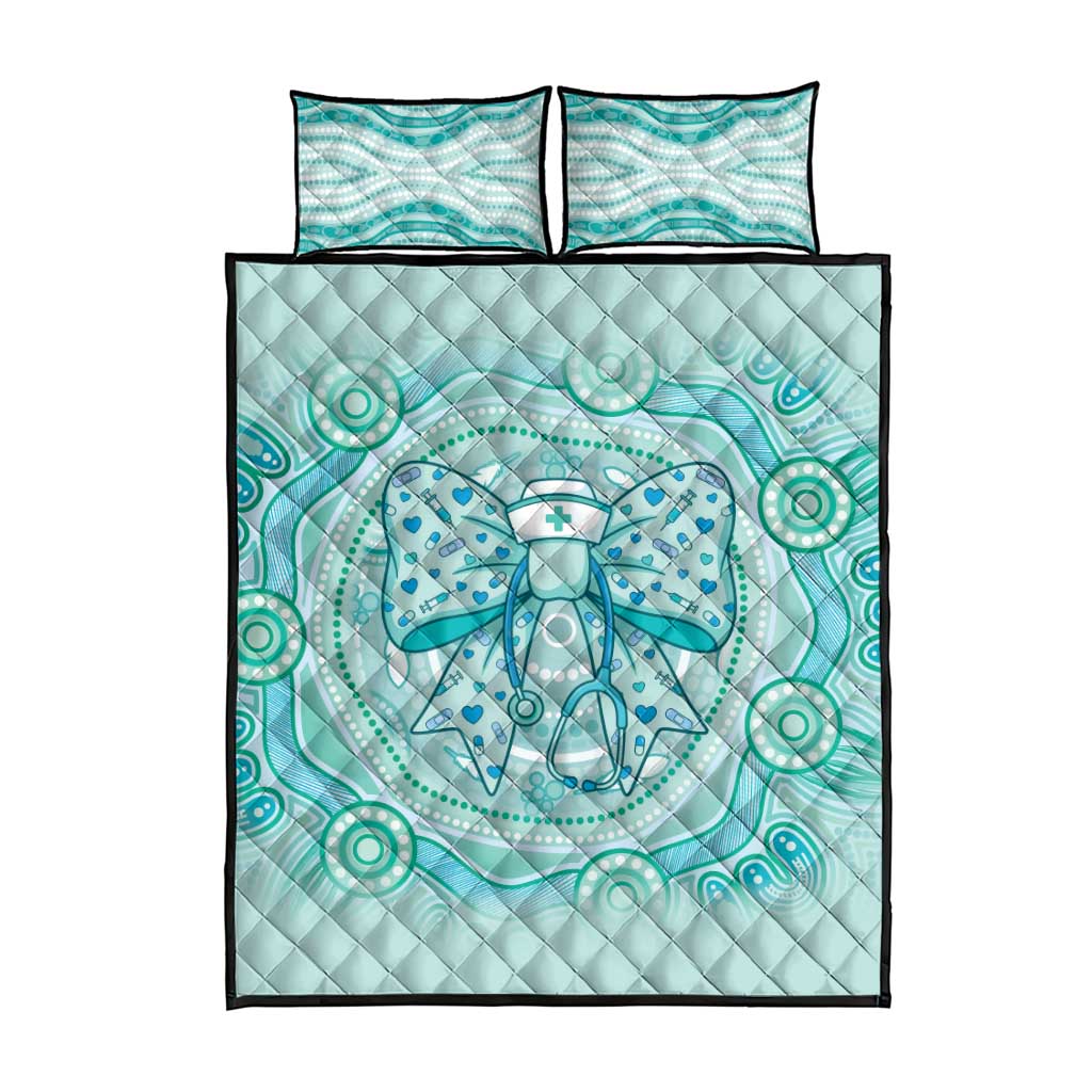 Aussie Nurse Quilt Bed Set Turquoise Stethoscope Coquette Bow Aboriginal Dot Art