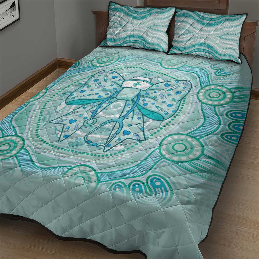 Aussie Nurse Quilt Bed Set Turquoise Stethoscope Coquette Bow Aboriginal Dot Art