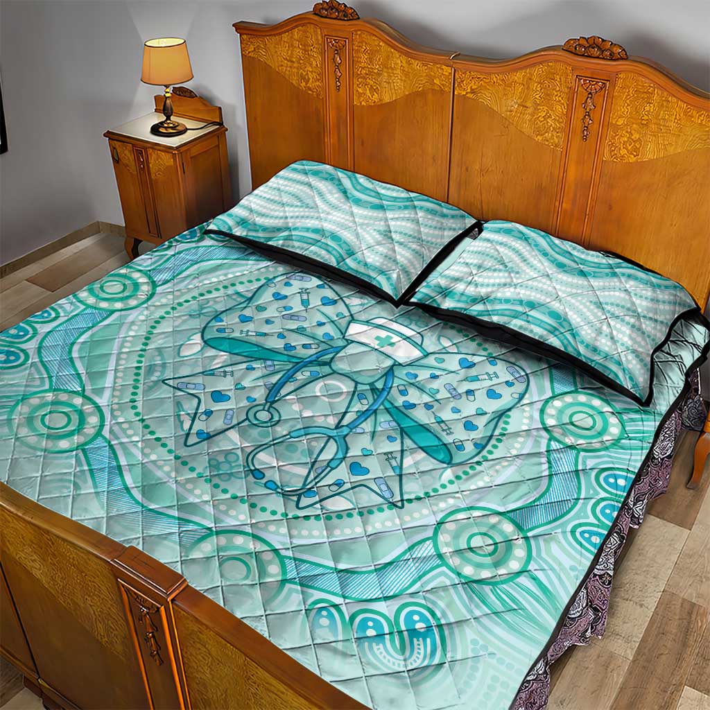 Aussie Nurse Quilt Bed Set Turquoise Stethoscope Coquette Bow Aboriginal Dot Art