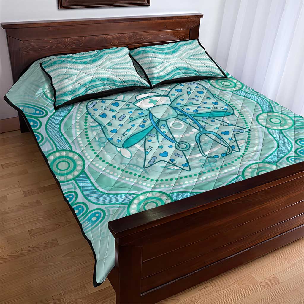 Aussie Nurse Quilt Bed Set Turquoise Stethoscope Coquette Bow Aboriginal Dot Art