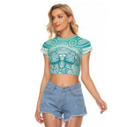 Aussie Nurse Personalised Raglan Cropped T Shirt Turquoise Stethoscope Coquette Bow Aboriginal Dot Art