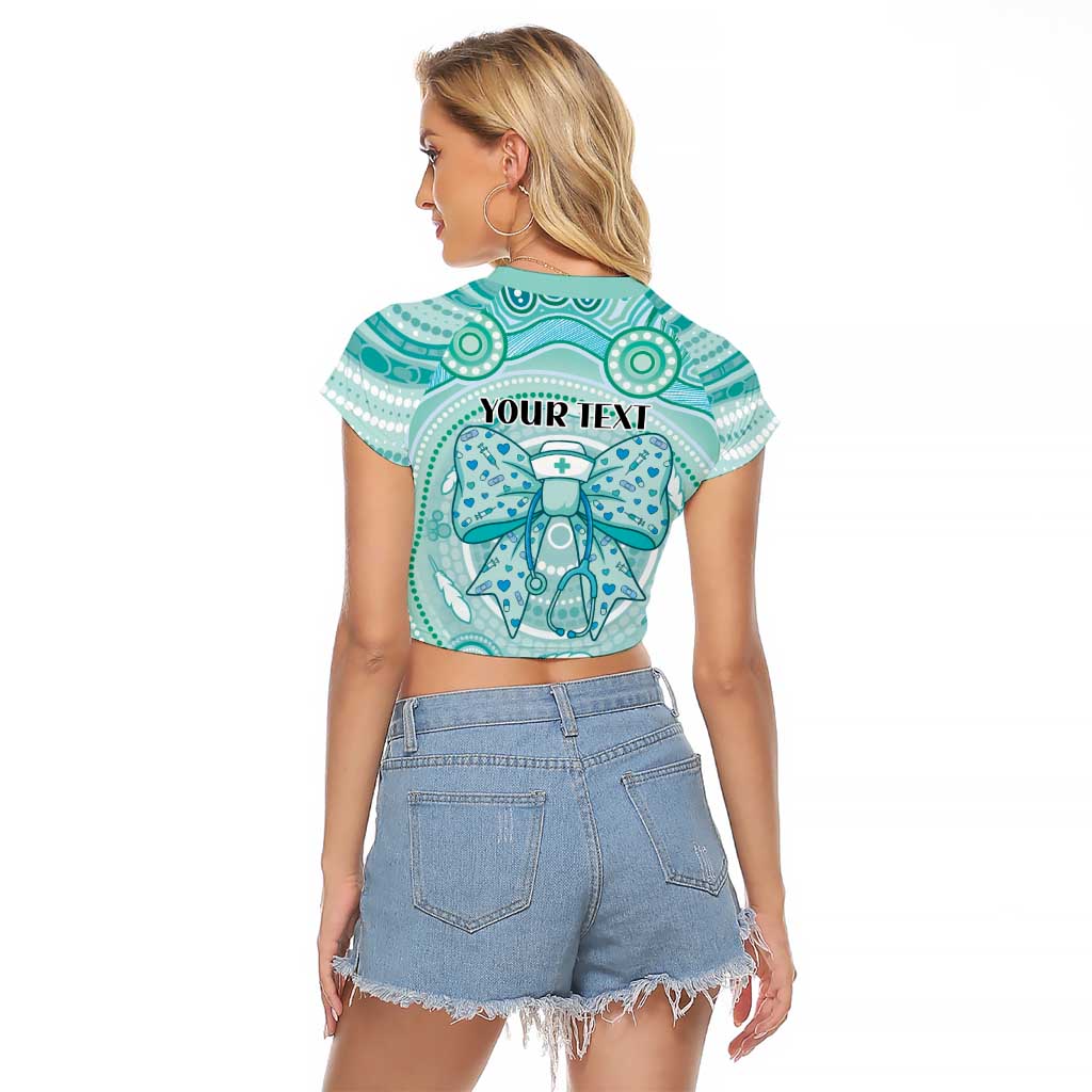 Aussie Nurse Personalised Raglan Cropped T Shirt Turquoise Stethoscope Coquette Bow Aboriginal Dot Art