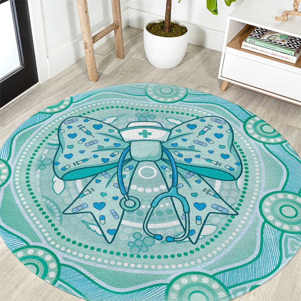 Aussie Nurse Round Carpet Turquoise Stethoscope Coquette Bow Aboriginal Dot Art