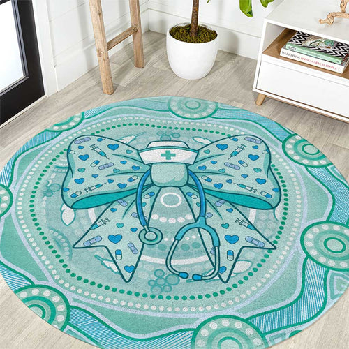 Aussie Nurse Round Carpet Turquoise Stethoscope Coquette Bow Aboriginal Dot Art