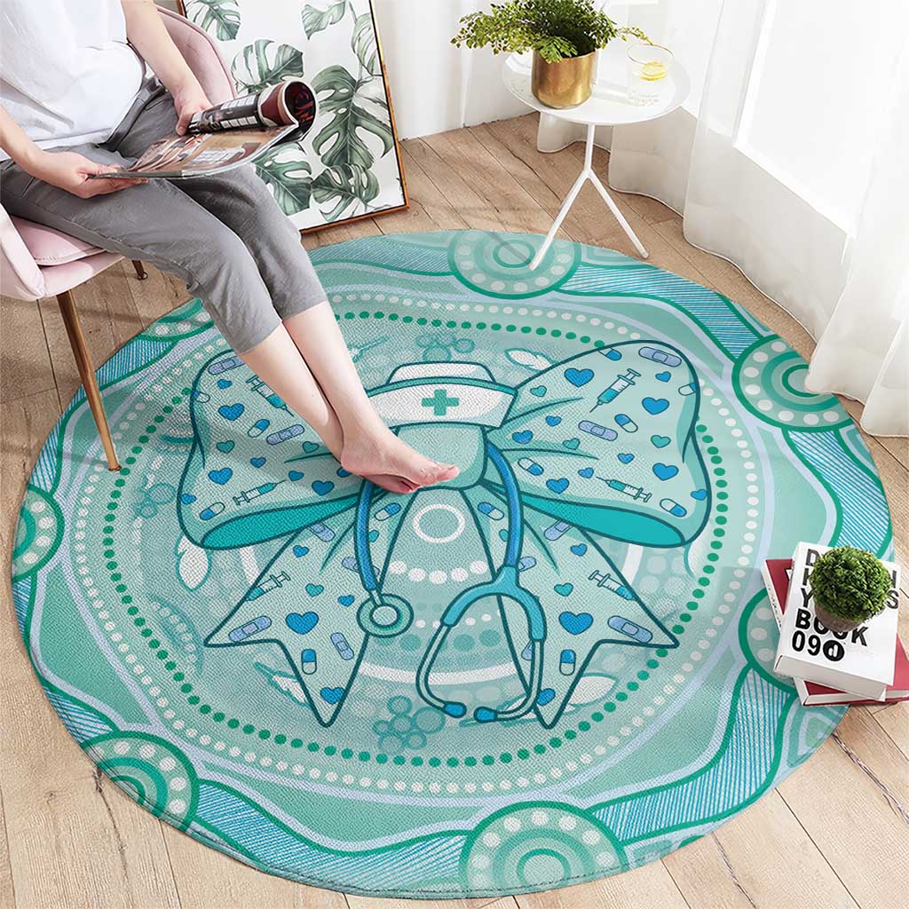 Aussie Nurse Round Carpet Turquoise Stethoscope Coquette Bow Aboriginal Dot Art