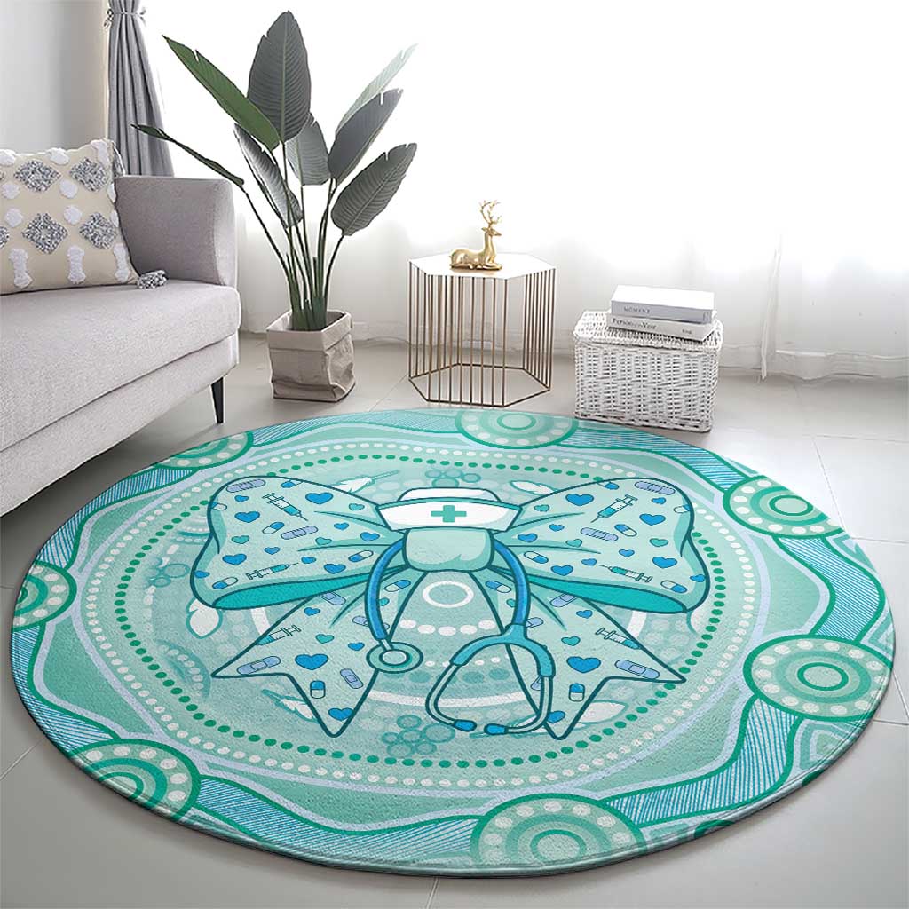 Aussie Nurse Round Carpet Turquoise Stethoscope Coquette Bow Aboriginal Dot Art