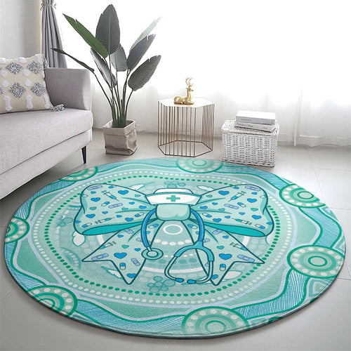 Aussie Nurse Round Carpet Turquoise Stethoscope Coquette Bow Aboriginal Dot Art