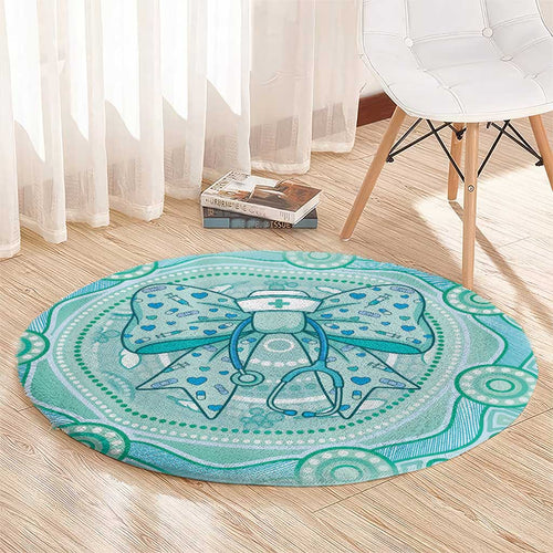 Aussie Nurse Round Carpet Turquoise Stethoscope Coquette Bow Aboriginal Dot Art