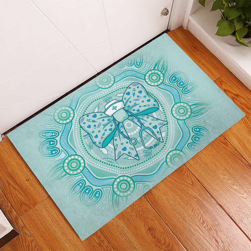 Aussie Nurse Rubber Doormat Turquoise Stethoscope Coquette Bow Aboriginal Dot Art