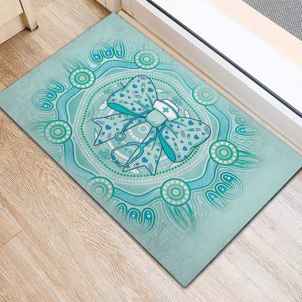 Aussie Nurse Rubber Doormat Turquoise Stethoscope Coquette Bow Aboriginal Dot Art
