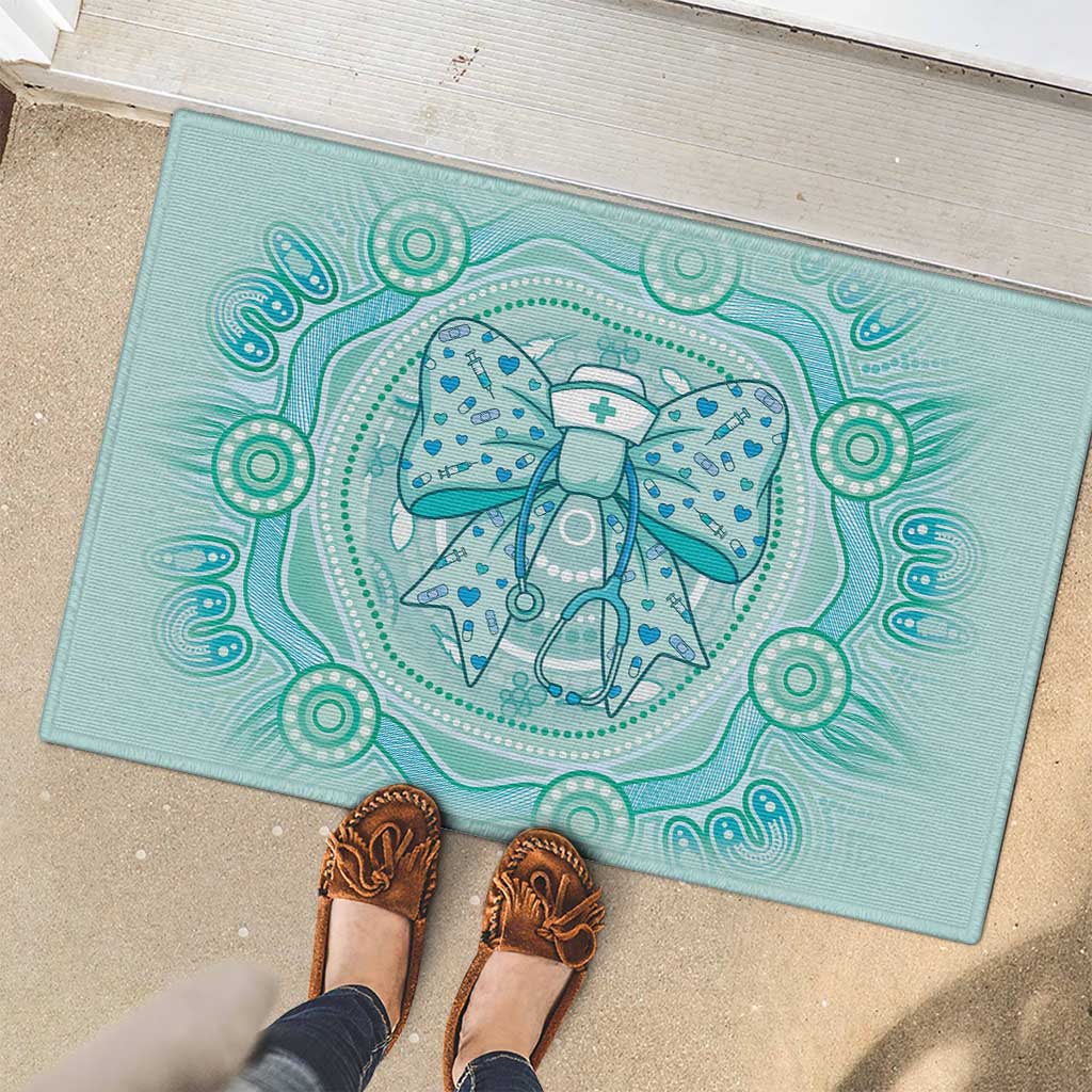 Aussie Nurse Rubber Doormat Turquoise Stethoscope Coquette Bow Aboriginal Dot Art