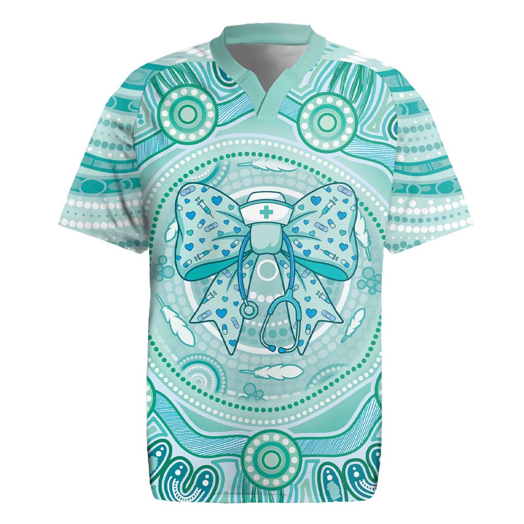 Aussie Nurse Personalised Rugby Jersey Turquoise Stethoscope Coquette Bow Aboriginal Dot Art