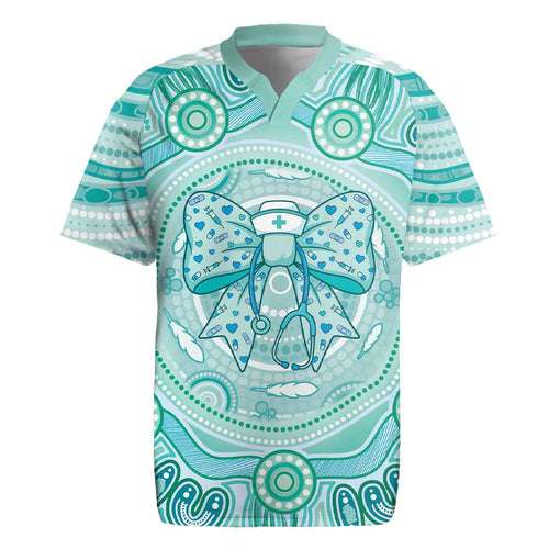 Aussie Nurse Personalised Rugby Jersey Turquoise Stethoscope Coquette Bow Aboriginal Dot Art