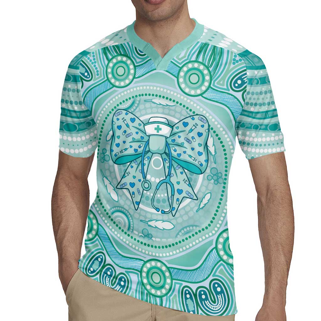 Aussie Nurse Personalised Rugby Jersey Turquoise Stethoscope Coquette Bow Aboriginal Dot Art