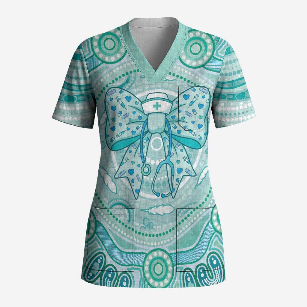 Aussie Nurse Personalised Scrub Top Turquoise Stethoscope Coquette Bow Aboriginal Dot Art