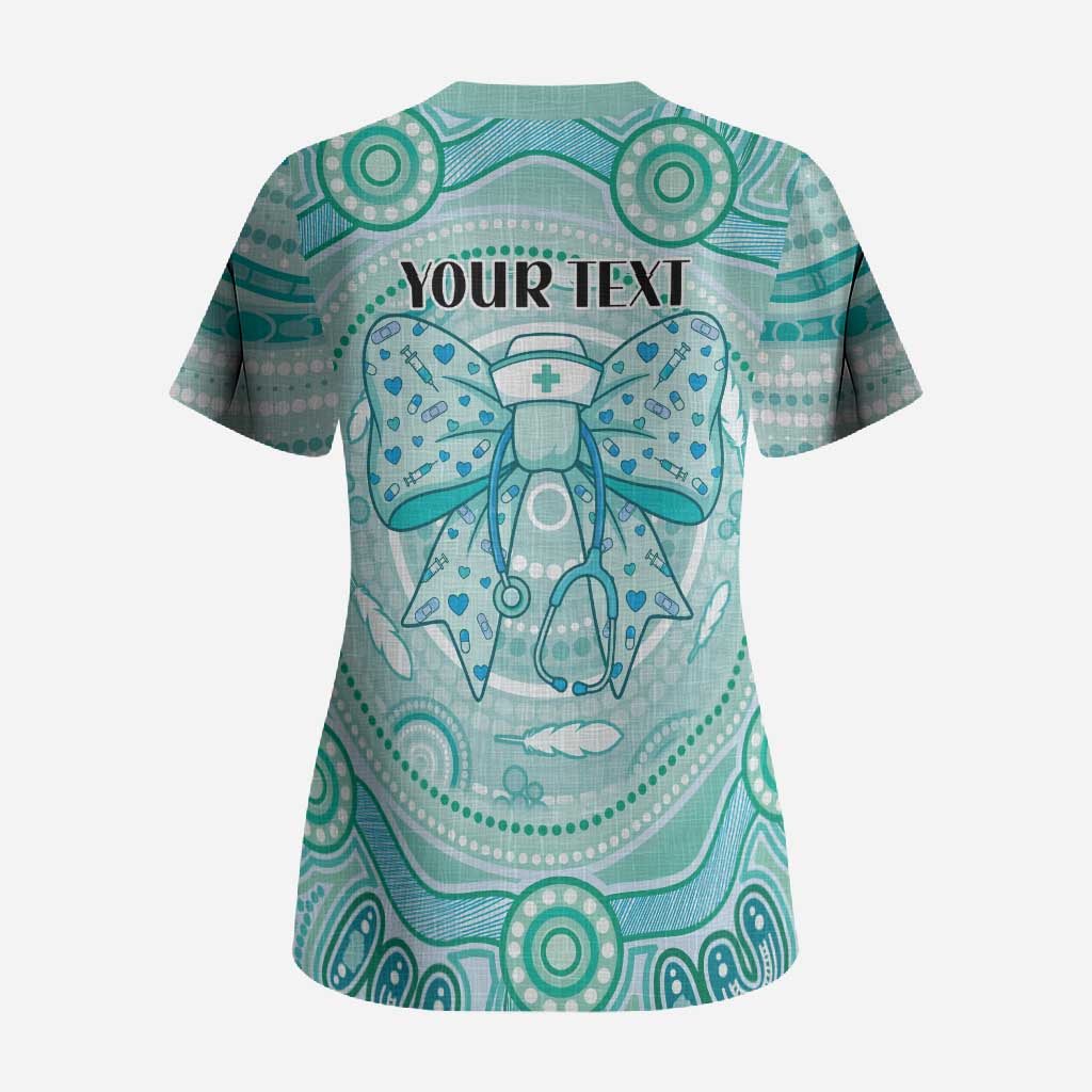 Aussie Nurse Personalised Scrub Top Turquoise Stethoscope Coquette Bow Aboriginal Dot Art